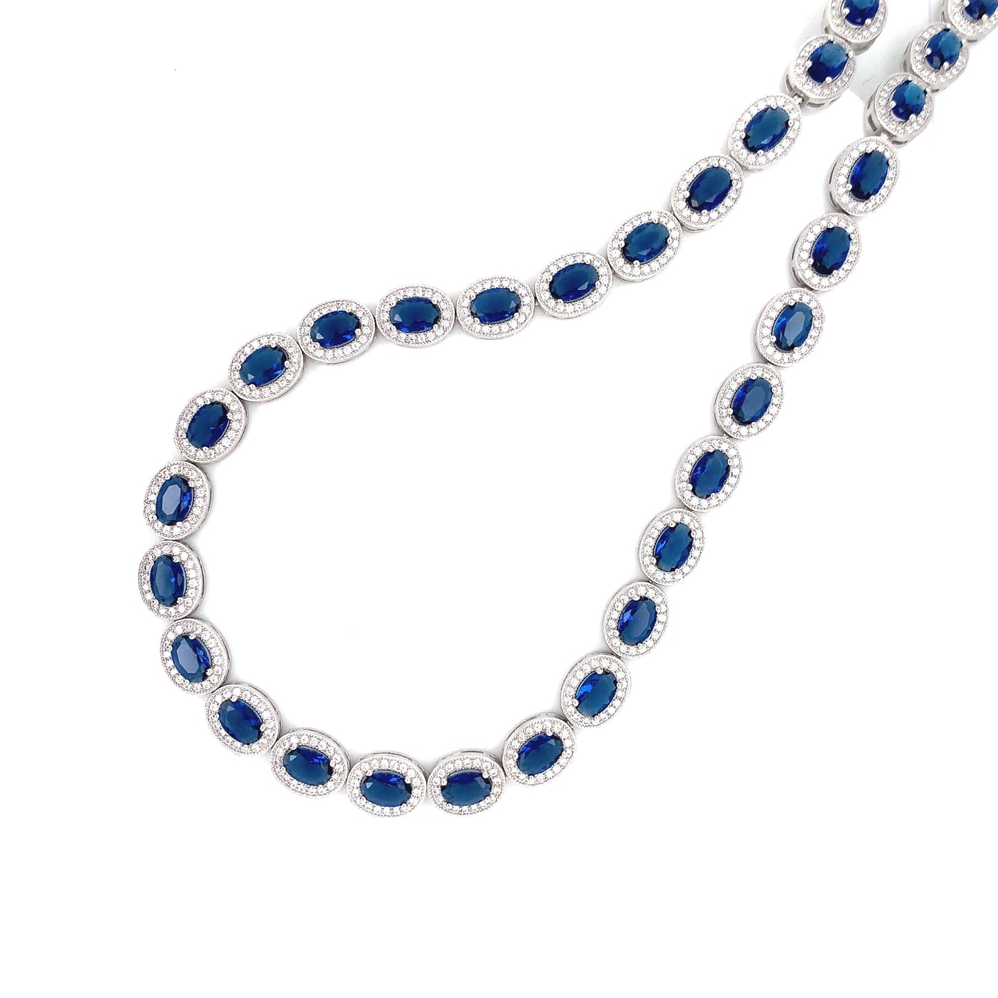 Sterling Silver Sapphire CZ Oval Cluster Necklace