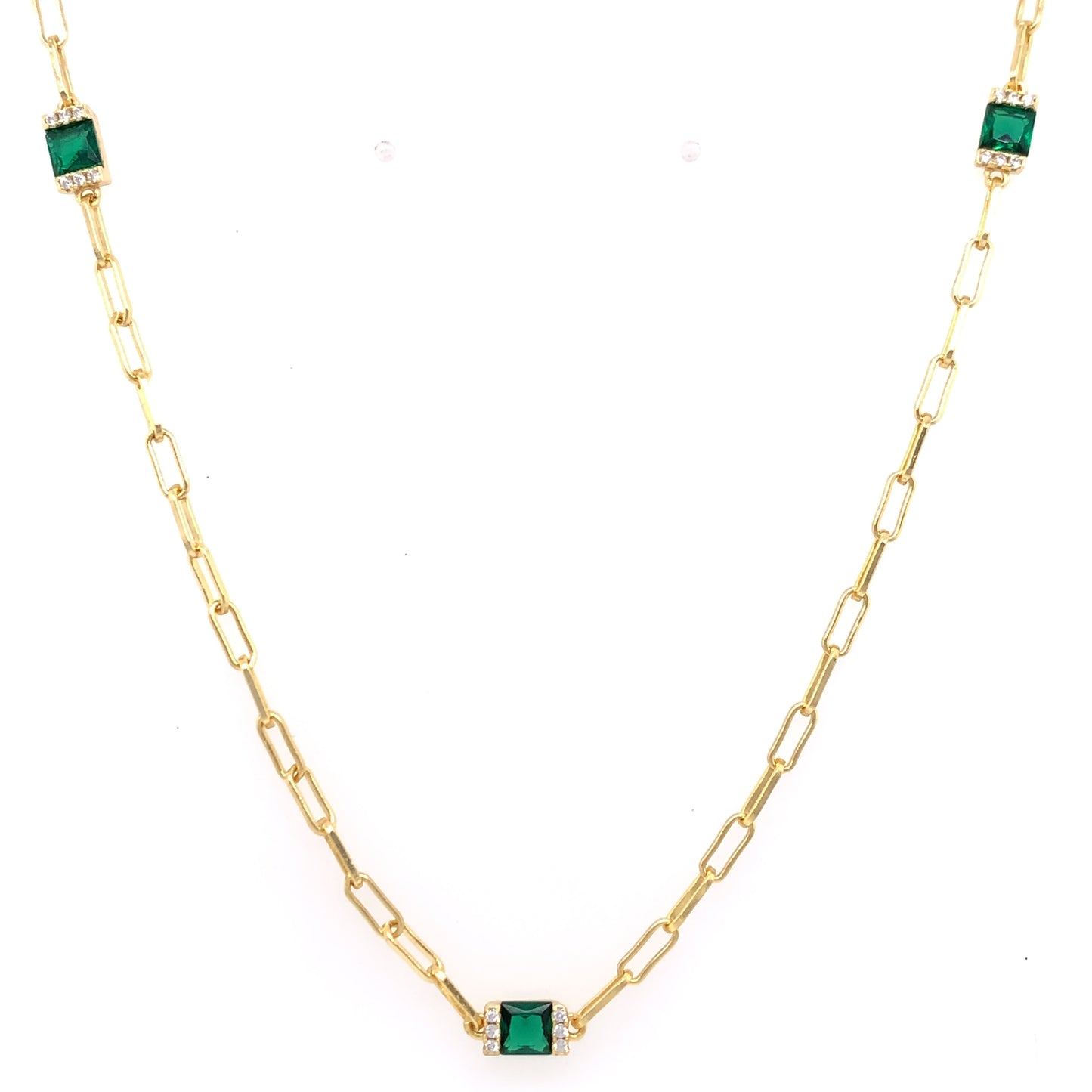 Silver 18ct Gold-Plated Green CZ Paperlink Necklet CSN969