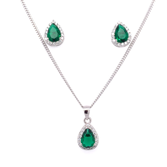 Sterling Silver Teardrop Emerald CZ Pendant & Earring Set