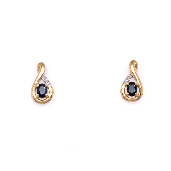 9ct Gold Sapphire & Diamond  Teardrop Twist Stud Earrings