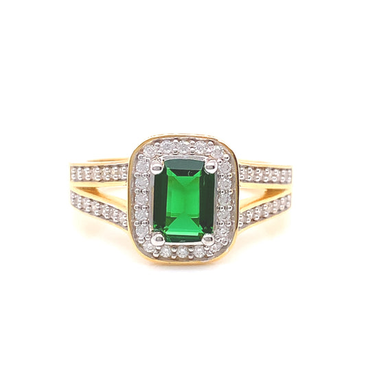 9ct Gold Created Emerald & CZ Rectangular Cluster Ring GRE104