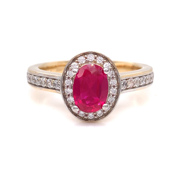 9ct Gold Created Ruby & CZ Oval Halo Ring