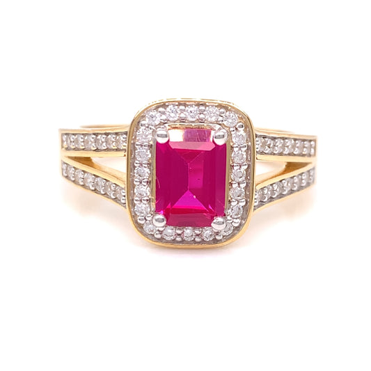 9ct Gold Created Ruby & CZ Rectangular Cluster Ring GRR120