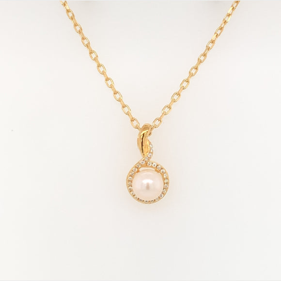 Sterling Silver 18ct Gold Pearl CZ Halo Pendant