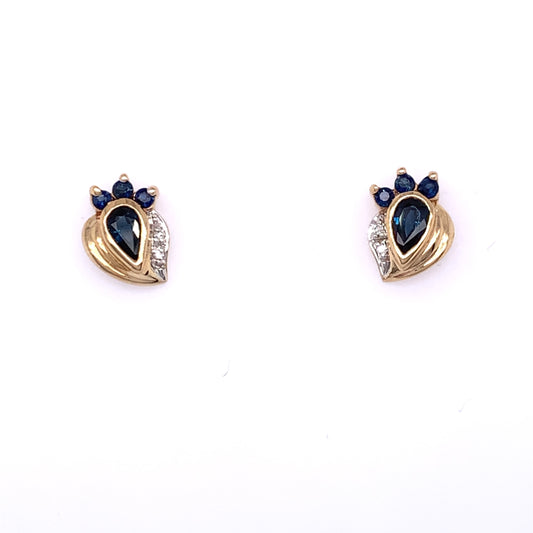 9ct Gold Real Sapphire & Diamond  Teardrop Crown Stud Earrings GES18