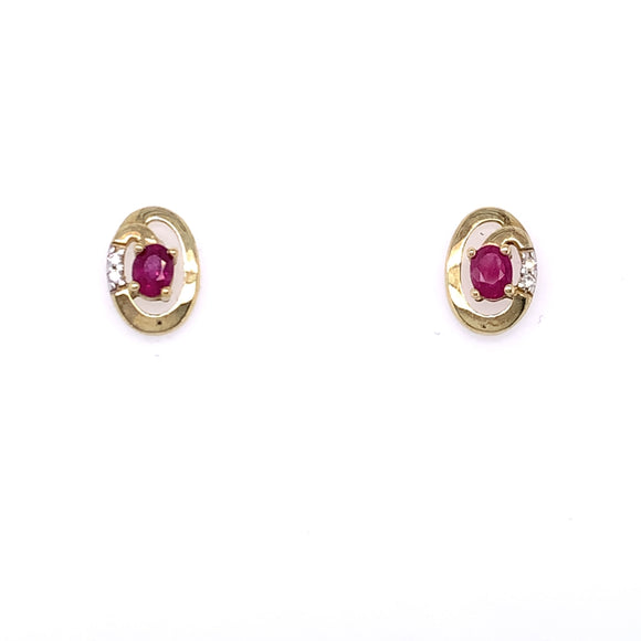 9ct Gold Ruby & Diamond Oval Stud Earrings