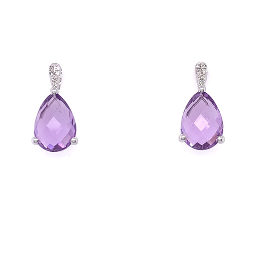 9ct White Gold Amethyst Teardrop & Diamond Stud Earrings