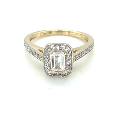 9ct Yellow Gold Rectangular CZ Halo Ring Pavé Shoulders