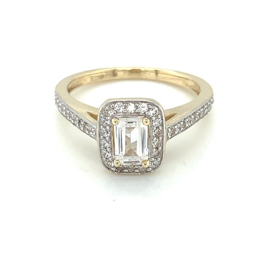 9ct Yellow Gold Rectangular CZ Halo Ring Pavé Shoulders GRZ288