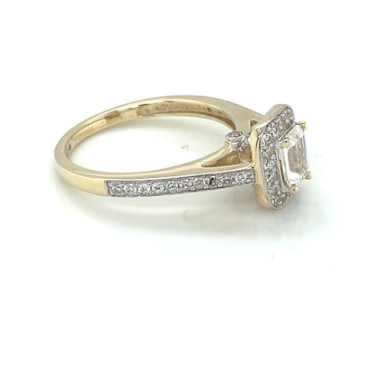 9ct Yellow Gold Rectangular CZ Halo Ring Pavé Shoulders GRZ288