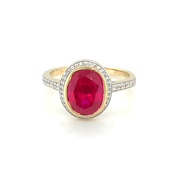 9ct Gold Created Ruby & CZ Oval Pavé Cluster Ring