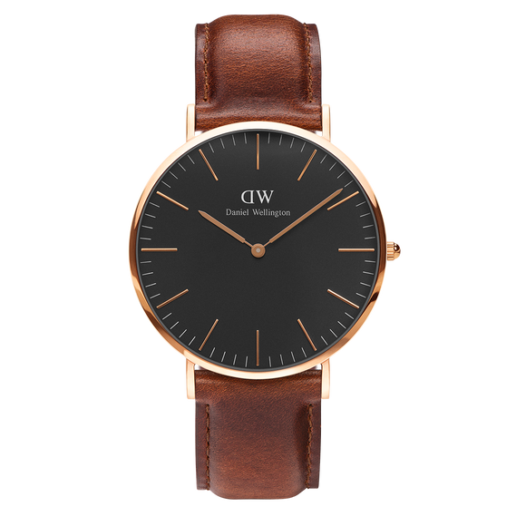 Daniel Wellington - Rose Gold 'Classic Black St Mawes' Brown Leather Strap 40mm Watch