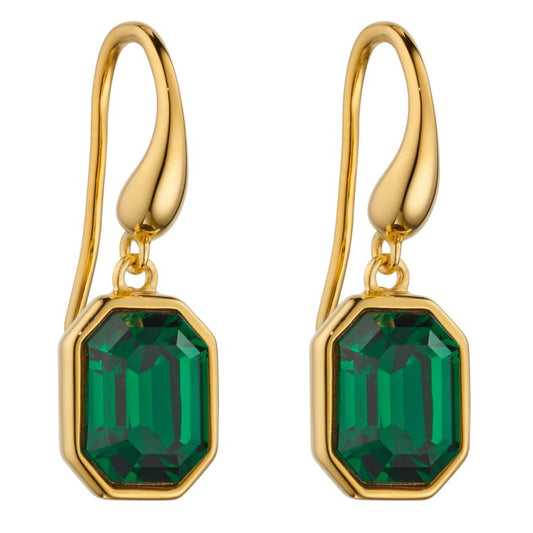 Silver Yellow Gold Plated Elongated Octagon Drop Earrings With Emerald Crystal E6084G