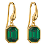 Silver Yellow Gold Plated Elongated Octagon Drop Earrings With Emerald Crystal