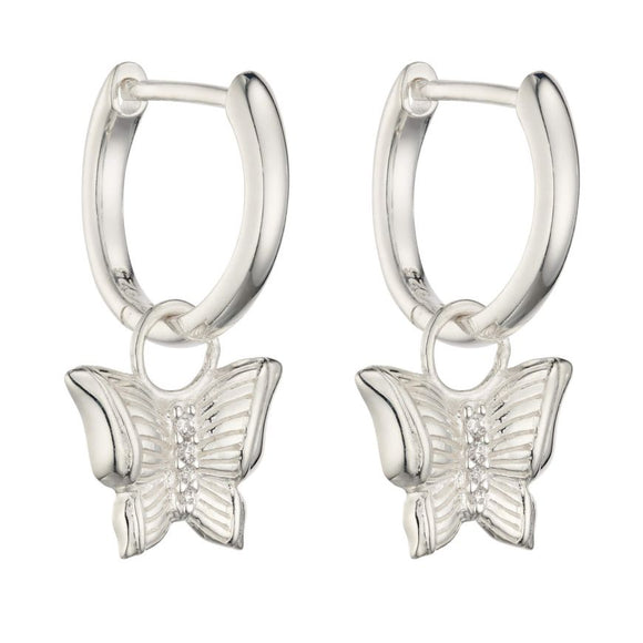 Silver Butterfly Hoop Earrings With CZ