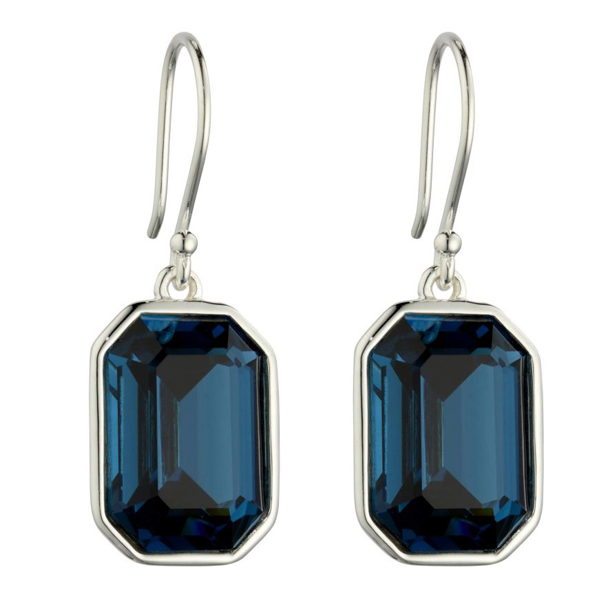 Silver Elongated Octagon Drop Earrings With Montana Blue Crystal E6101L