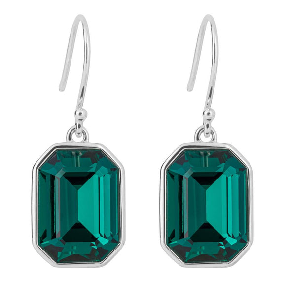 Silver Elongated Octagon Drop Earrings With Emerald Green Crystal E6263G