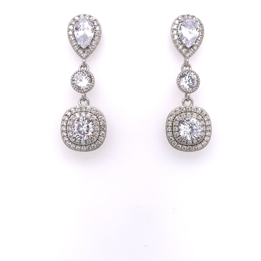 Sterling Silver CZ Halo Drop Earrings