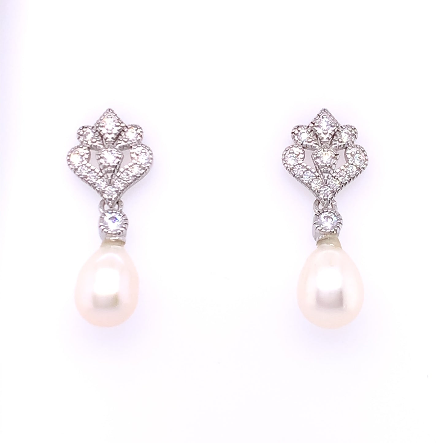 Silver Vintage CZ Freshwater Pearl Drop Earrings