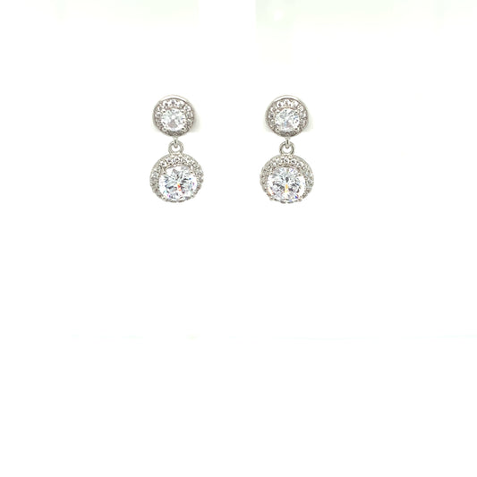 Sterling Silver CZ Double Halo Drop Earrings