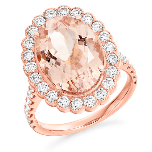 18ct Rose Gold Morganite & Diamond Oval Halo Ring
