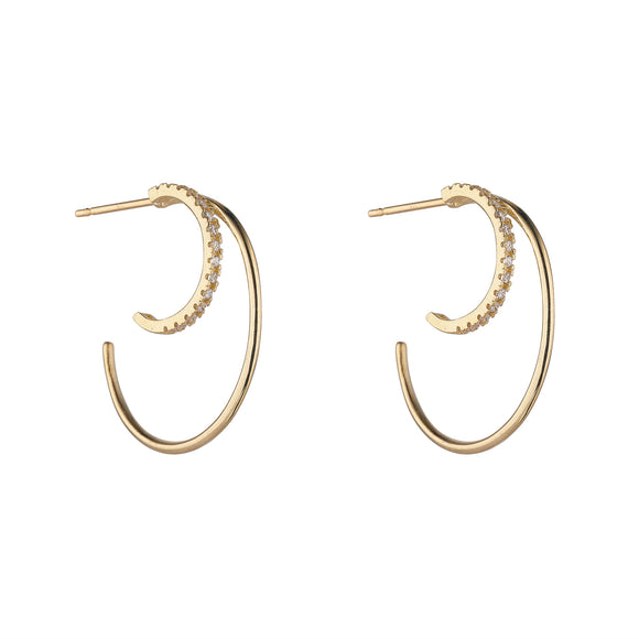 9ct Gold Large CZ & Plain Half Hoop Earrings