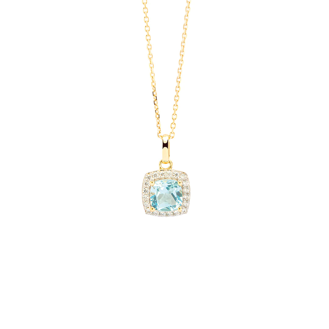 9ct Gold Blue Topaz CZ Cushion Halo Pendant GPX138