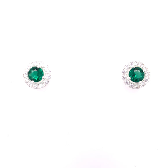 Silver Emerald CZ Halo Stud Earrings 305/EM