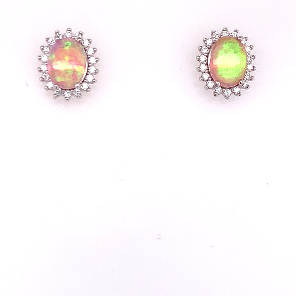 Silver Pink Opal CZ Oval Cluster Earrings