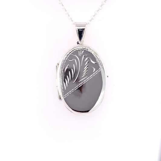 Sterling Silver Large Half Engraved Oval Locket