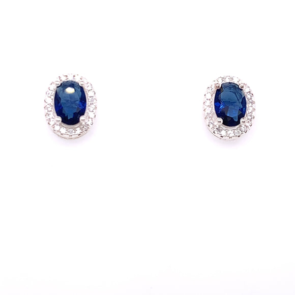 Silver Sapphire CZ Oval Cluster Earrings