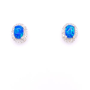 Silver Blue Opal CZ Oval Cluster Earrings