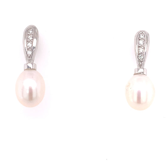 9ct White Gold CZ & Freshwater Pearl Earrings WEP011