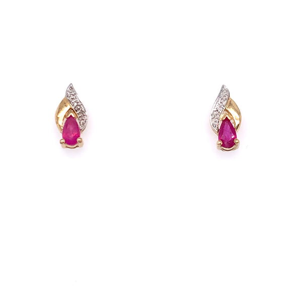 9ct Gold Ruby & Diamond Teardrop Stud Earrings