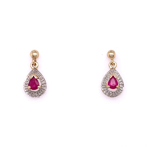 9ct Gold Ruby & Diamond Teardrop Drop Earrings