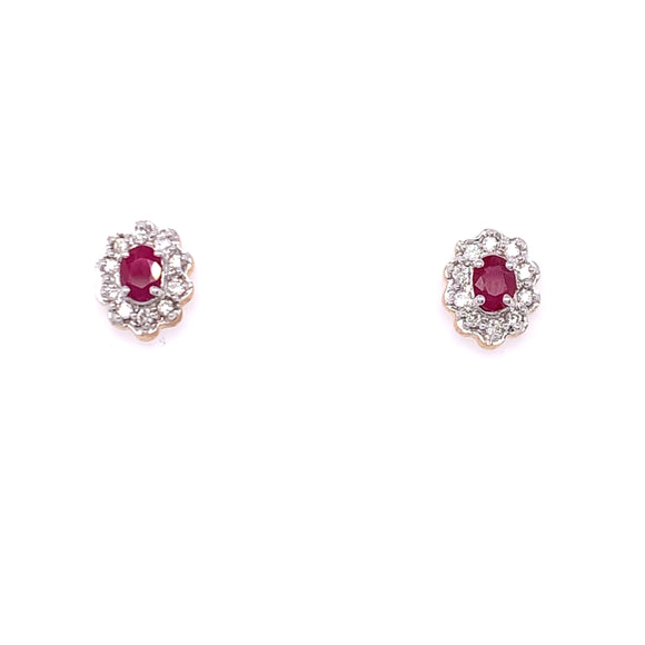9ct Gold Ruby & Diamond Oval Cluster Stud Earrings
