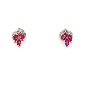 9ct Gold Ruby & Diamond Leaf Stud Earrings