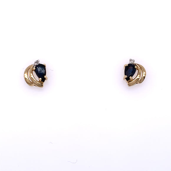 9ct Gold Sapphire & Diamond  Teardrop Leaf Stud Earrings