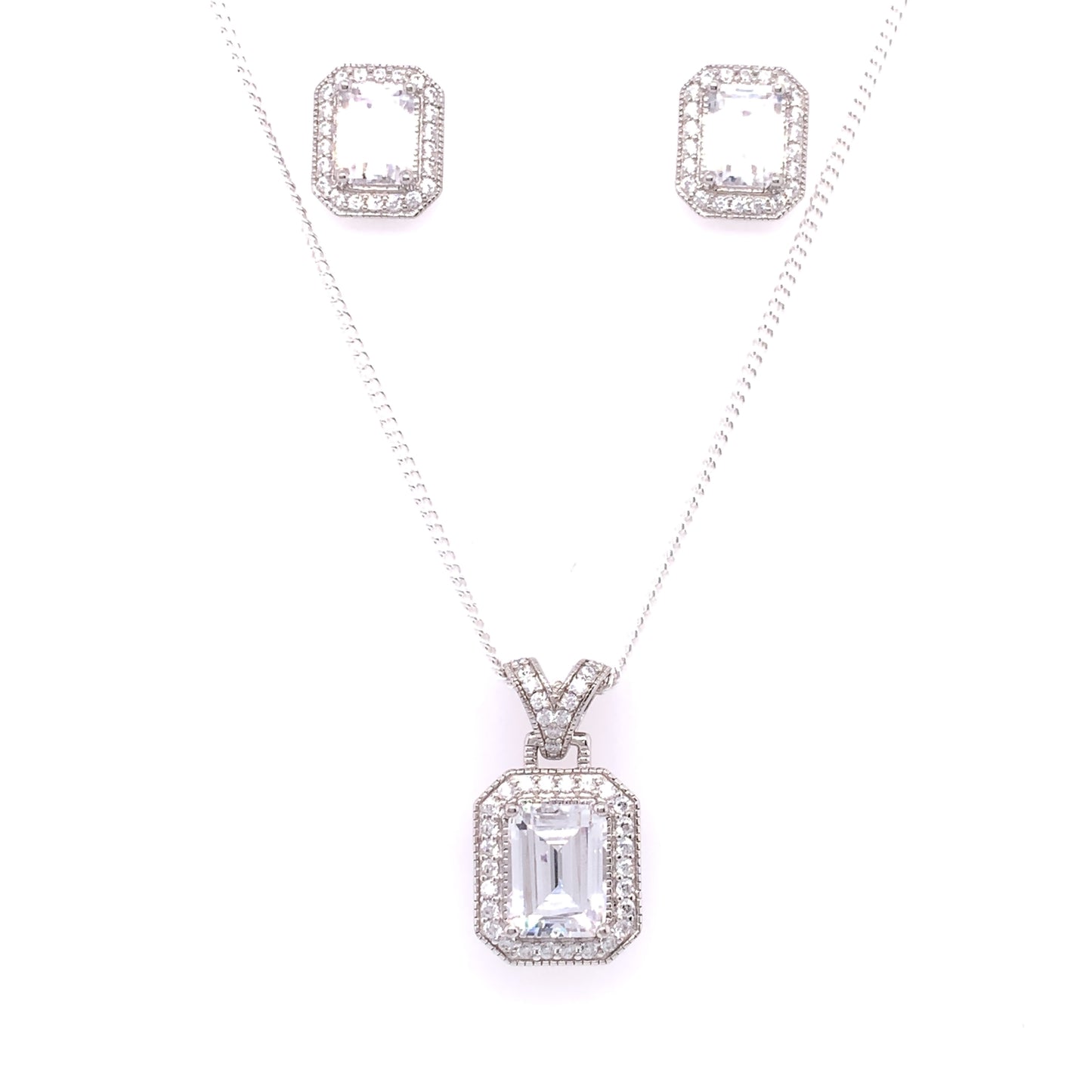 Sterling Silver Antique CZ Rectangular Halo Pendant & Earring Set