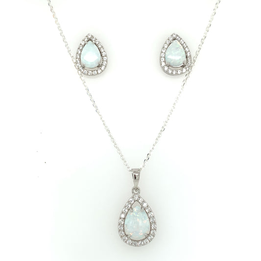 Sterling Silver Opal CZ Teardrop Pendant & Earring Set GL847