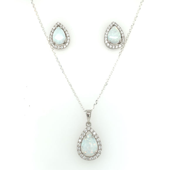 Sterling Silver Opal CZ Teardrop Pendant & Earring Set