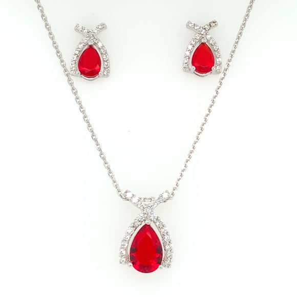 Sterling Silver Red CZ Teardrop Crossover Pendant & Earring Set