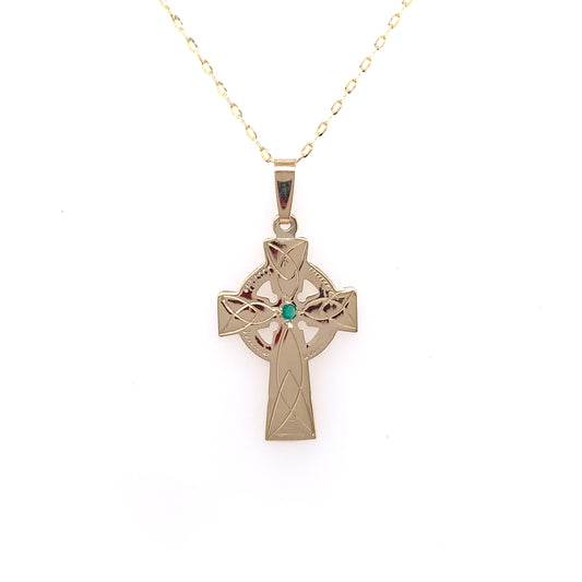 9ct Gold Medium Engraved Celtic Cross with Green Agate