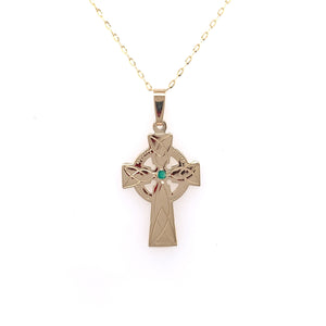 9ct Gold Medium Engraved Celtic Cross with Green Agate