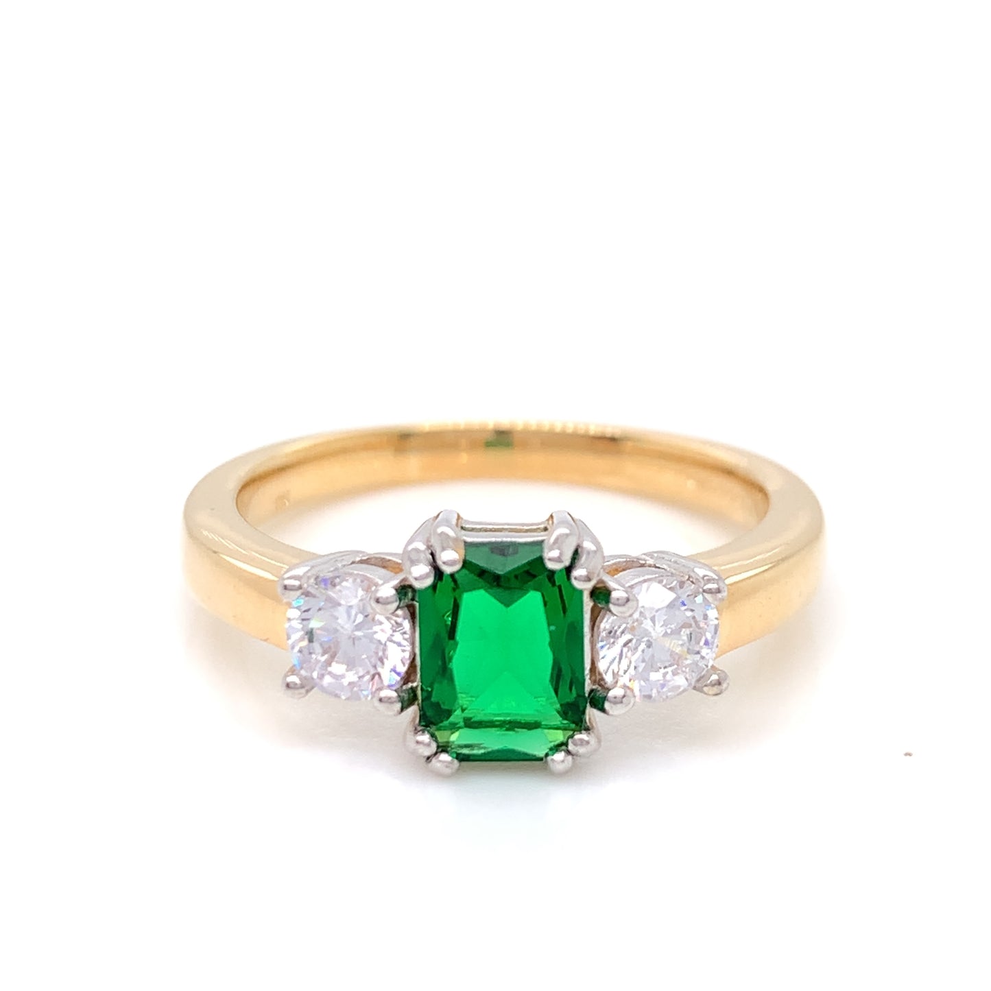 9ct Gold Syn Emerald & CZ Rectangular Trilogy Ring GRE114