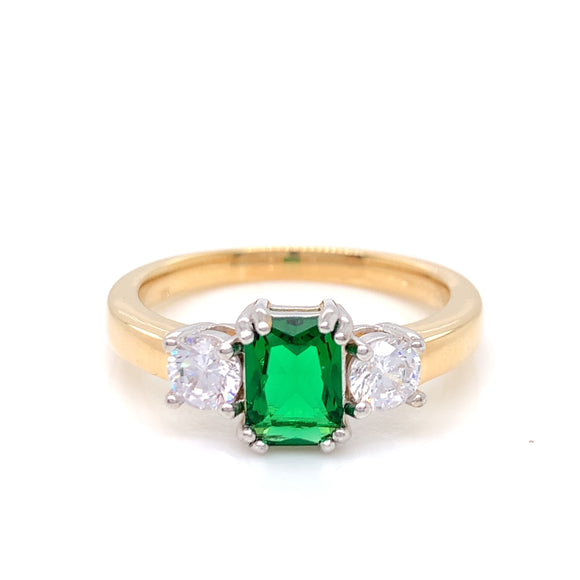 9ct Gold Syn Emerald & CZ Rectangular Trilogy Ring