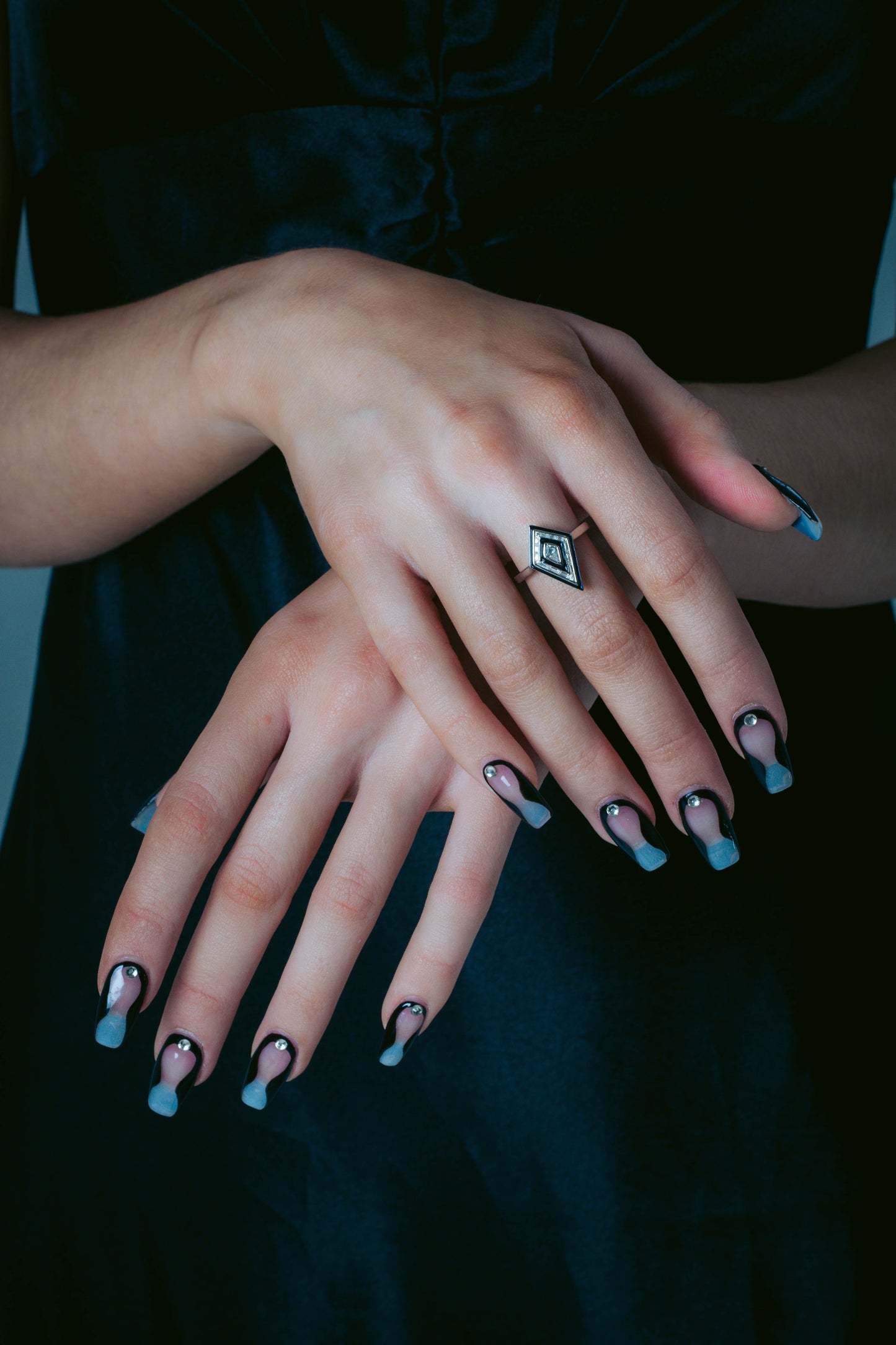 Georgini Reflection Art Deco Ring Silver & Black Enamel