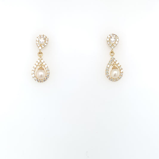 9ct Gold Freshwater Pearl & CZ Teardrop Earrings