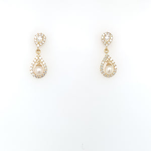 9ct Gold Freshwater Pearl & CZ Teardrop Earrings
