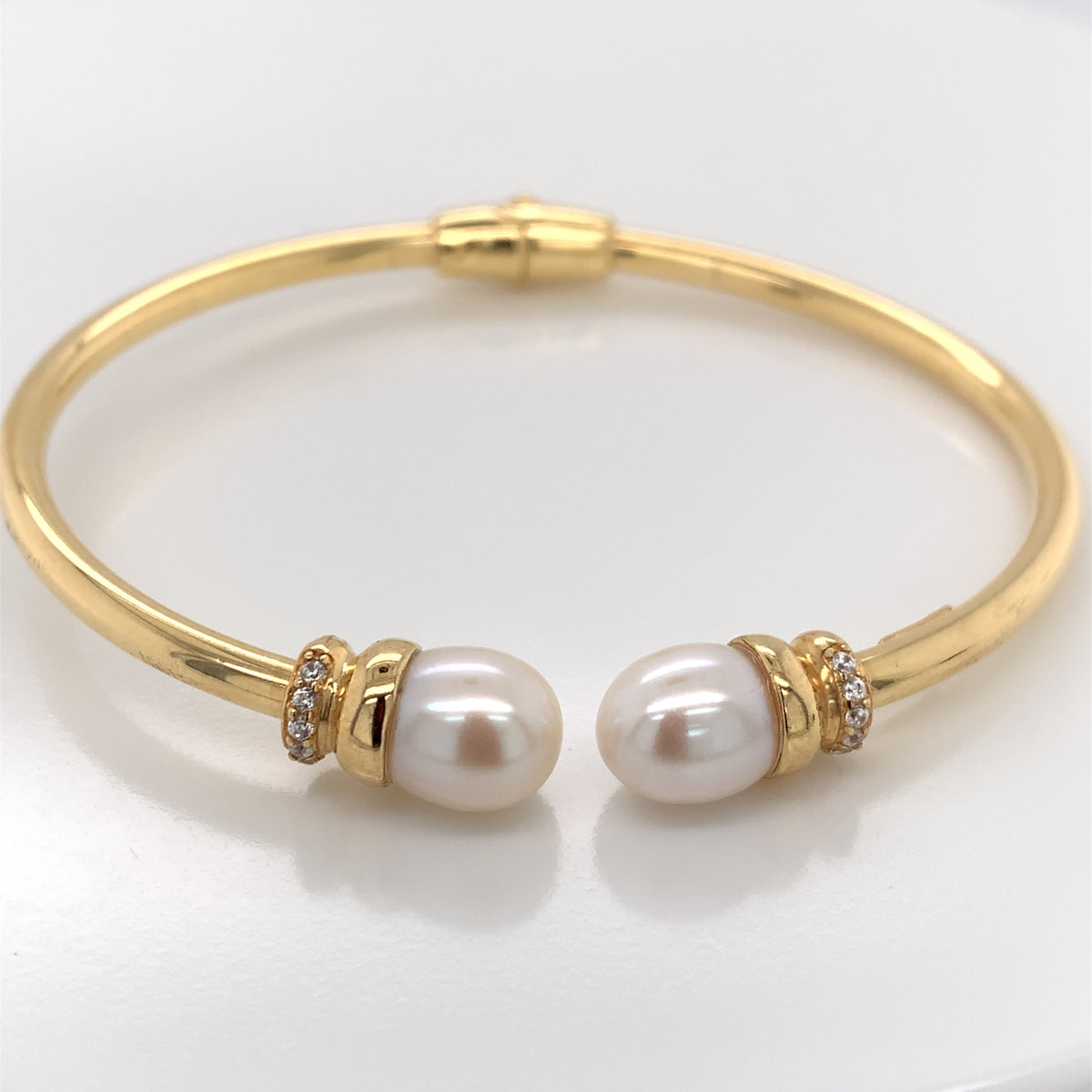 Gold Plated Silver Italian Pearl Hinged Torc Bangle JES126GP